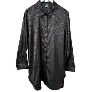 OLD NAVY Blouse Plus Size 2X Black Satin Leopard Long Sleeve Buttonup Shirt NWOT
